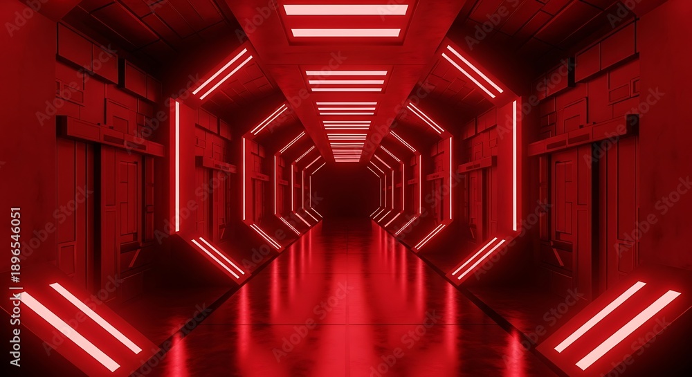 Obraz premium Futuristic red neon tunnel with glowing reflections on floor
