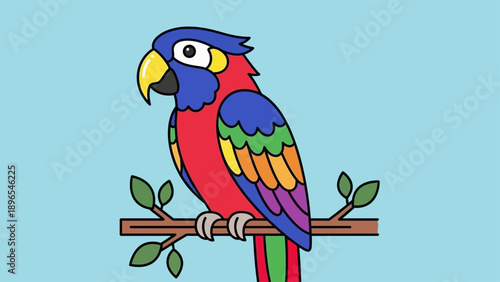 Vibrant cartoon parrot sitting on a tree branch illustration