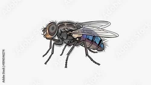 Cartoon Fly Illustration with Detailed Features on White Background