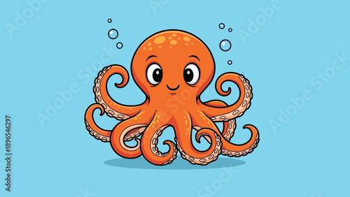 Cute cartoon octopus with bubbles on blue background