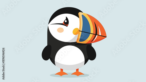 Cute cartoon Atlantic puffin standing on a light blue background.