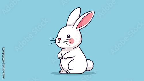 Cute cartoon white rabbit with pink ears against a blue background