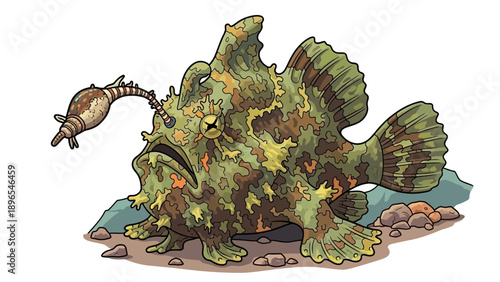 Cartoon anglerfish with lure and snail on the seabed