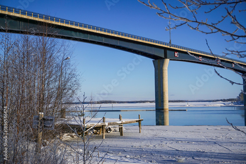 Photography Beautiful winter lake landscape with bridge