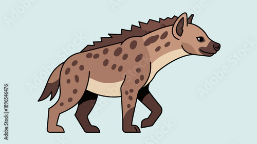 A friendly spotted hyena walks in profile against a light background.