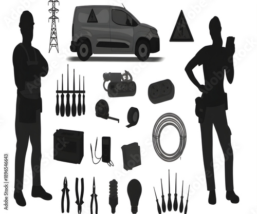 Electrician tools and equipment silhouette set