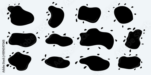 Spalsh liquid frame, black vector wet element with drops, puddle paint isolated.