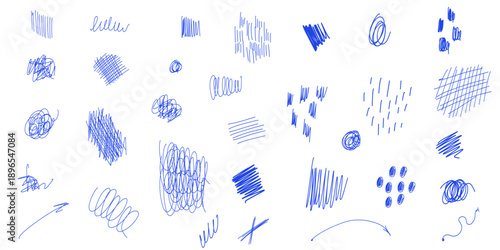 Set of hand drawn scribble pen blue line. Sloppy hatching, highlighter for trend modern design. Scratch texture sketchy graphic design element. Template vector illustration ballpoint round swirl