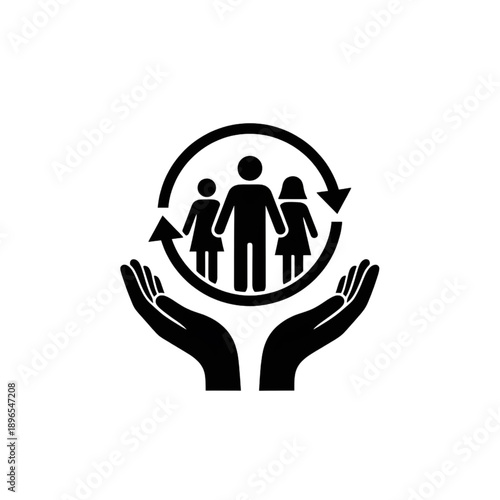 human insurance and family protection icon with cupped hands and community silhouette vector