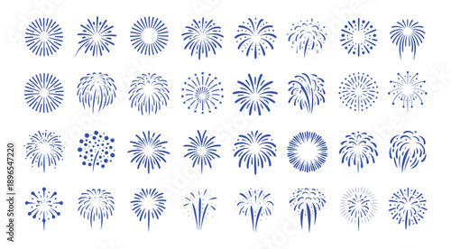 Fireworks, stars, bursts, vector illustration set. different styles, sizes. Perfect for New Year, celebrations, holiday, festive, party, night sky, pyrotechnics, sparks, bang, boom, pop, rocket