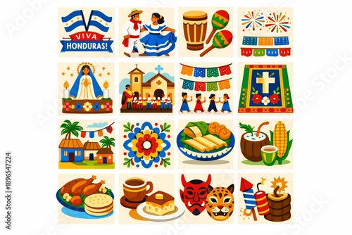 Honduran Festival and Tradition Icons in Folk-Art Vector Style