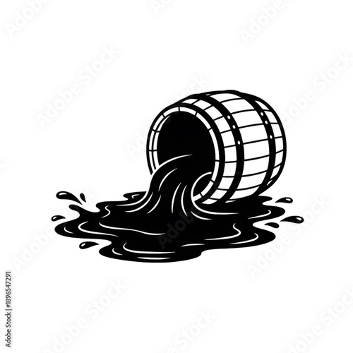 wooden barrel spilling oil or dark liquid silhouette industrial waste and storage vector