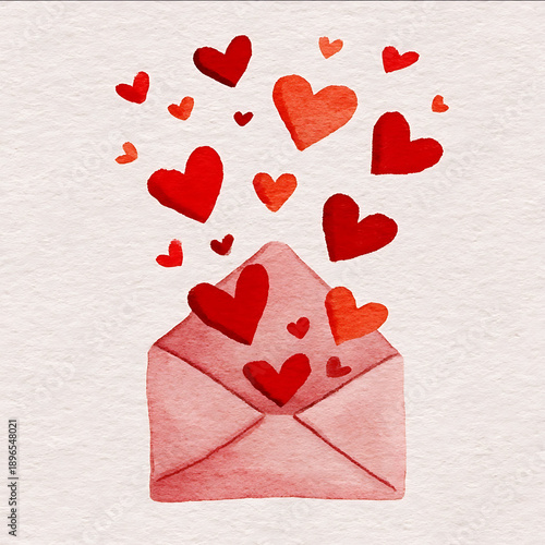 hand illustrated envelope with hearts floating out bright red hearts soft blush pink envelope whimsical watercolour and gouache style clean minimal