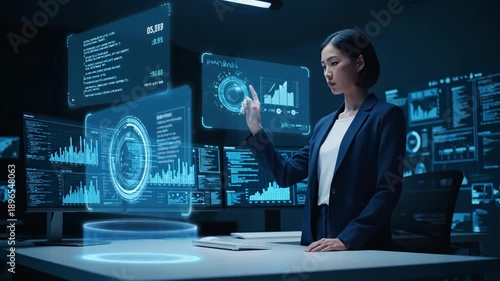 Asian woman in a dark blue suit uses a futuristic blue holographic display in a dark room.