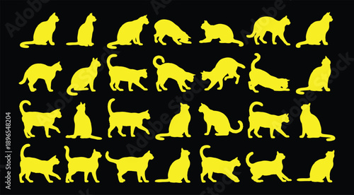 cat silhouettes in various poses, isolated on white background. Perfect for logos, decals, apparel design. Elegant, sleek feline figures showcasing minimalist modern art