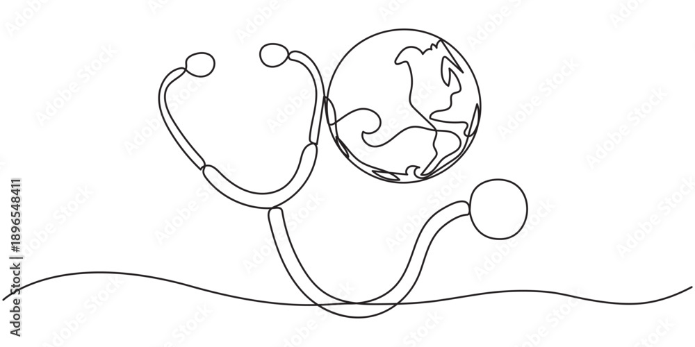 Obraz premium stethoscope with world continuous one line drawing, World health day medical stethoscope single line art, continuous one line drawing of Isolated outline vector icon, Continuous line drawing