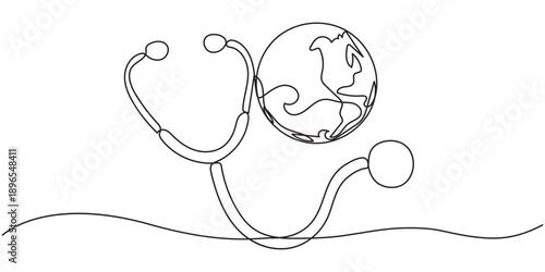 stethoscope with world continuous one line drawing, World health  day medical stethoscope  single line art, continuous one line drawing of  Isolated outline vector icon, Continuous line drawing