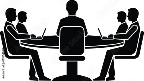 Business team meeting in modern office setting with laptops