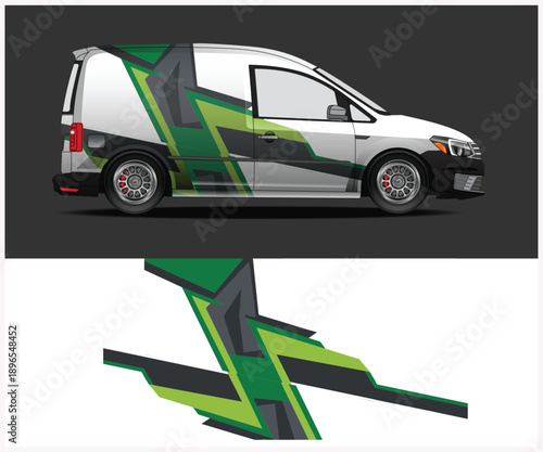 Green and gray van wrap design with geometric patterns