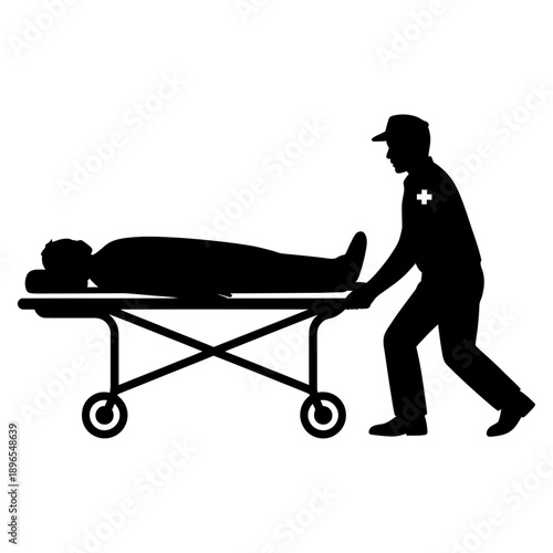 black silhouette vector of emergency medical responder pushing patient stretcher illustrating ambulance service first aid rescue transport healthcare support isolated on white background