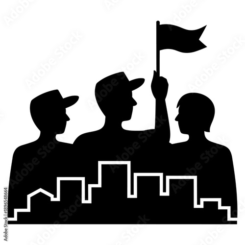 black silhouette vector of city tour guide holding flag leading group of travelers with urban skyline concept for navigation tourism teamwork leadership illustration isolated