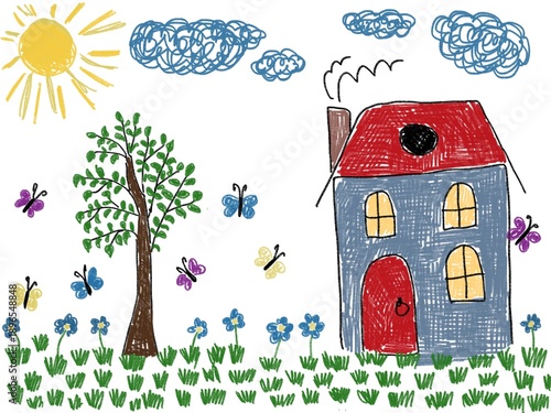 Like children like hand drawn digital illustration house tree summer day flowers butterflies lovely picture	