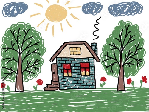 Like children like hand drawn digital illustration house tree summer day flowers butterflies lovely picture	