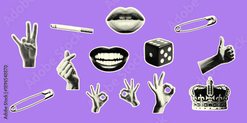 Halftone style collage with lips hand gestures including thumbs up okay sign mini heart and safety pins on purple background with dice and crown elements