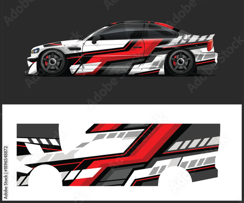 Racing car with red black and white decal design and layout