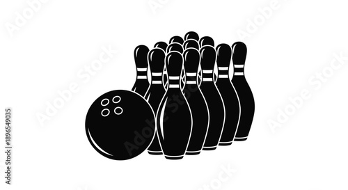 Bowling pins and ball in a striking black silhouette