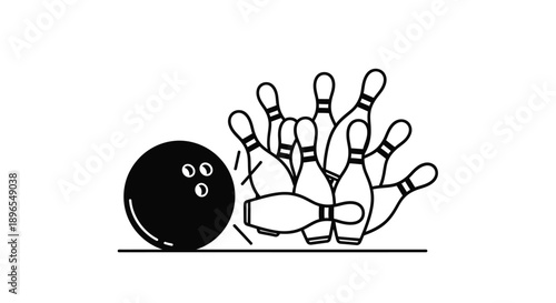 Bowling ball striking pins in a dynamic black silhouette