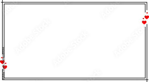Minimalist Valentine's Day picture border featuring thin black double outline and cute red heart cluster in one corner isolated on white