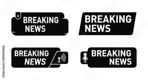 Four black breaking news banners with icons a graphic silhouette
