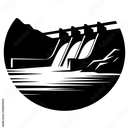 black and white silhouette vector of a massive hydroelectric dam with flowing water in circular composition showcasing renewable infrastructure engineering landscape and industrial energy systems