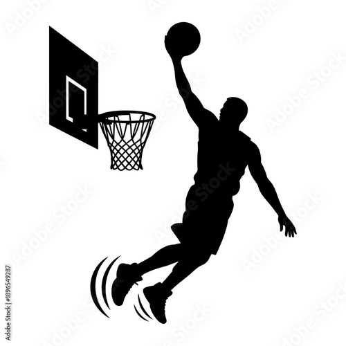 black and white silhouette vector illustration of an athlete performing an airborne dunk near the hoop dynamic jump moment ideal for modern sports branding posters and fitness visuals