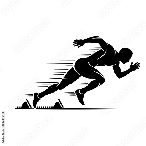 black silhouette of a sprinter launching from starting blocks dynamic minimalist vector illustration showing speed power and athletic sprint start