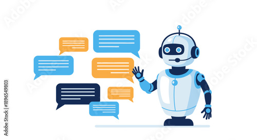 Friendly AI chatbot robot with speech bubbles for digital communication.