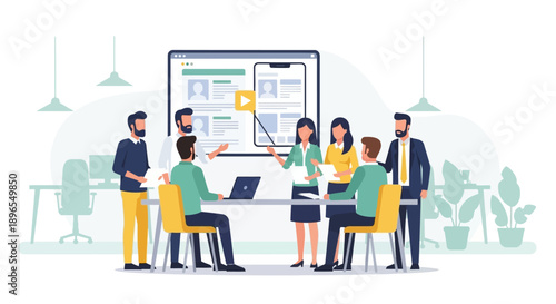 Business team meeting and presentation in an office setting.