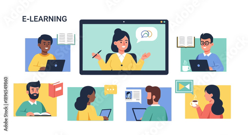 People engaging in e-learning and online education from diverse locations.