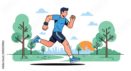 Man running in park with smartwatch, urban parkland, healthy lifestyle