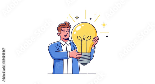 Man holding a large illuminated light bulb symbolizing a new idea.