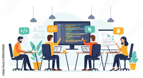 Web Development Team Collaborating on a New Project in a Modern Office.