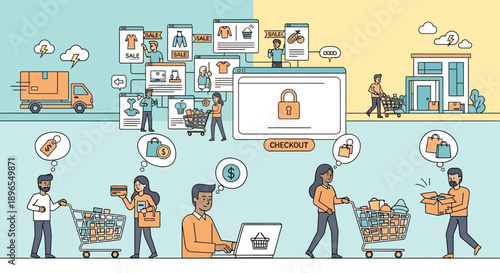 Comprehensive online shopping and delivery process illustration