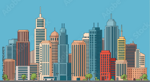 Stylized cityscape with diverse modern buildings under a clear blue sky.