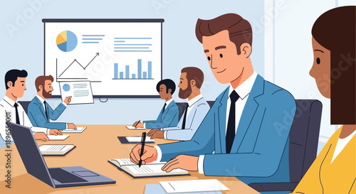 Business professionals collaborate during a productive meeting with data presentation.