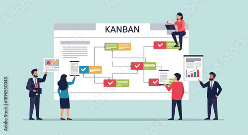 Business team managing tasks on a Kanban board for efficient workflow.