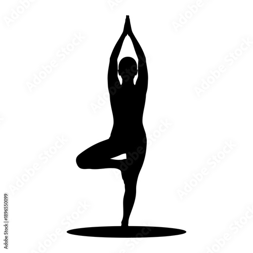 black silhouette of person practicing yoga tree pose expressing balance wellness and mindfulness minimalist vector art for meditation fitness harmony and inner calm concepts