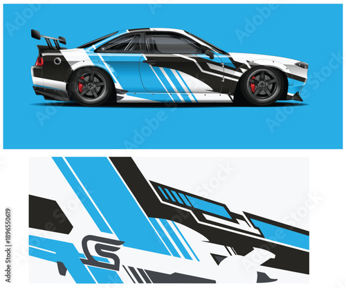 Side view of a white sports car with blue and black stripes