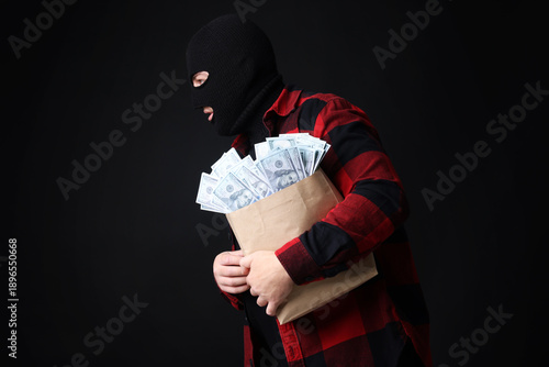 Fényképezés Masked thief with bag full of money on black background