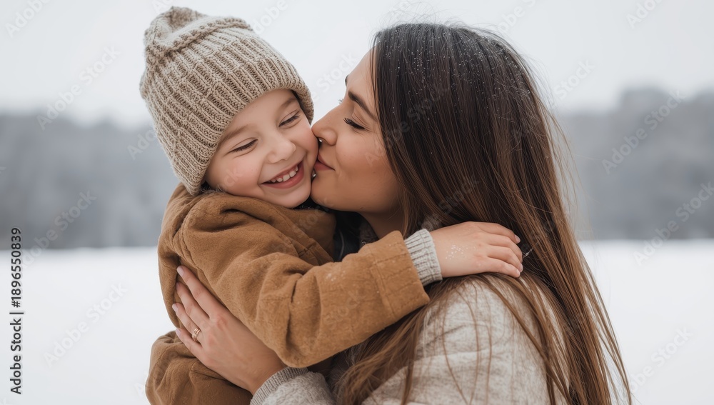 Fototapeta premium A boy embraces his mom during a winter stroll. A child in a hat kisses her. The mother cares for her son. Together, they cherish family bonds